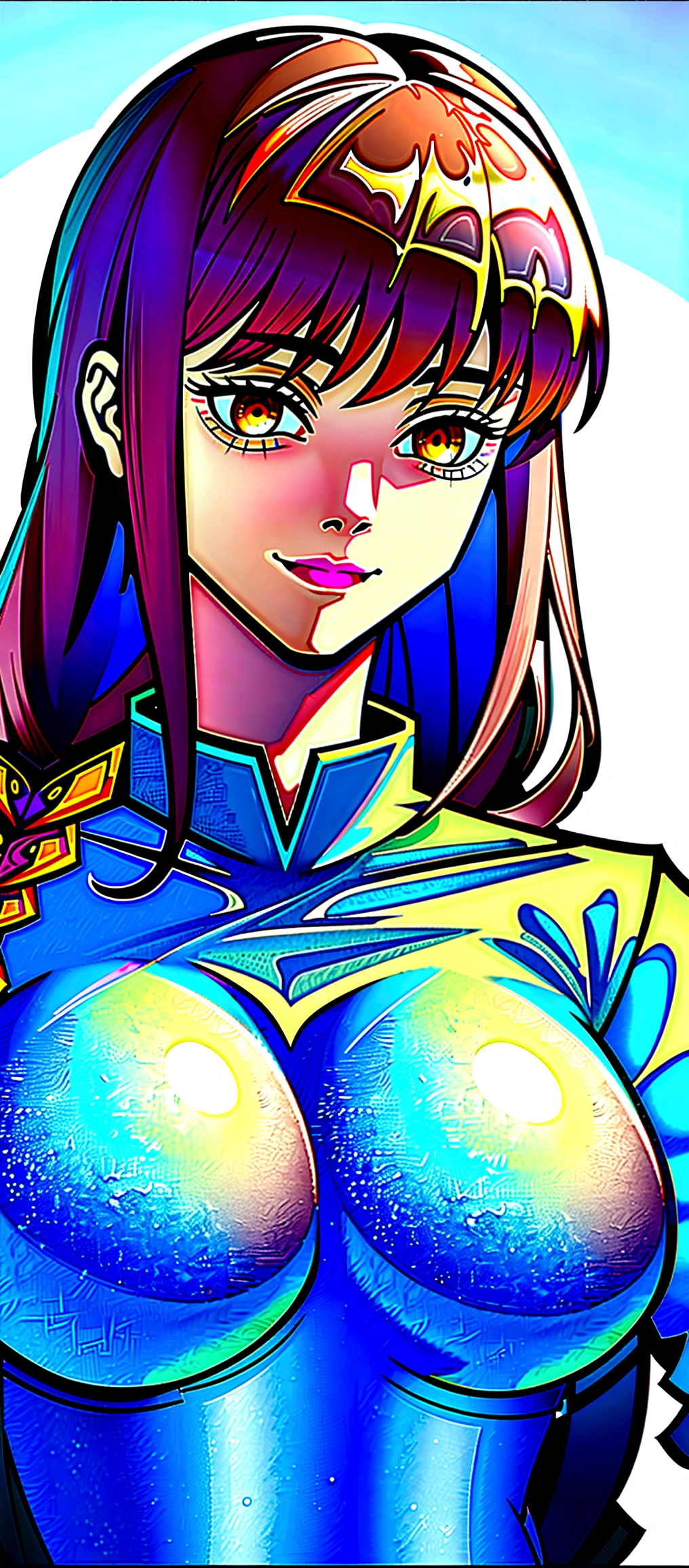 (Masterpiece:1.2, Best Quality), anime ( intricate details), 1 right, Alone, Upper part of the body, Casual, wide, pale, Natural fabrics, closeup face, evil smile,bright Eyes,circular pupils,