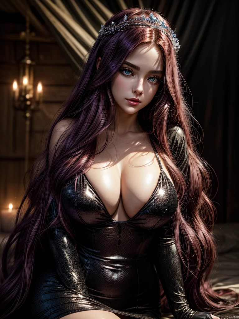 In a dimly lit beach with soft, warm lighting, a cute young busty woman with tiara sits on the sand, her long curly red hair glistening in the glow. She wears a sparkling black lingersuit with sexy cleavage that seems to shimmer and shine like bioluminescent paint, matching the radiant violet hue of her eyes. Her eyes are detailed with long eyelashes and bright and colorful irises with heterochromia and are sparkling. Her expression is sultry, with mesmerizing eye contact that draws the viewer in. Her big breasts are perfectly rounded, with a large sag that adds to their allure. As she kneels forward, her legs spread invitingly, showcasing her confidence and sex appeal. The watercolor-inspired hues on her skin blend seamlessly, creating a photorealistic effect that's almost too beautiful to be real.