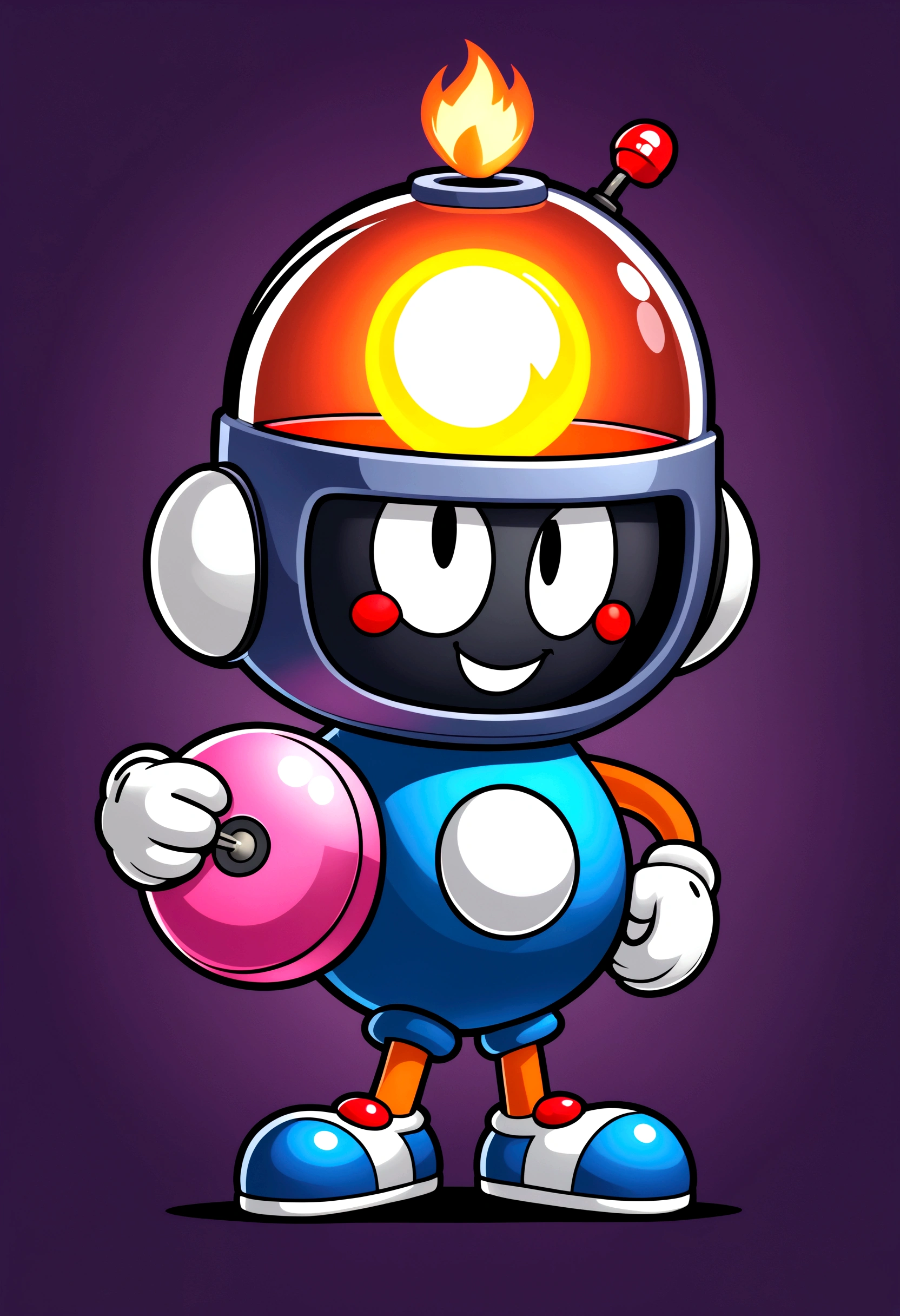 Create a cute and charming logo featuring a flirty male bomb character inspired by the 80's Bomberman game and the style of Cuphead. The design should be in black and white only, with no background. The character should appear to be running, holding a small box with a lit fuse. Ensure the bomb character has an expressive and playful look, capturing the vintage cartoon aesthetic of the inspirations.