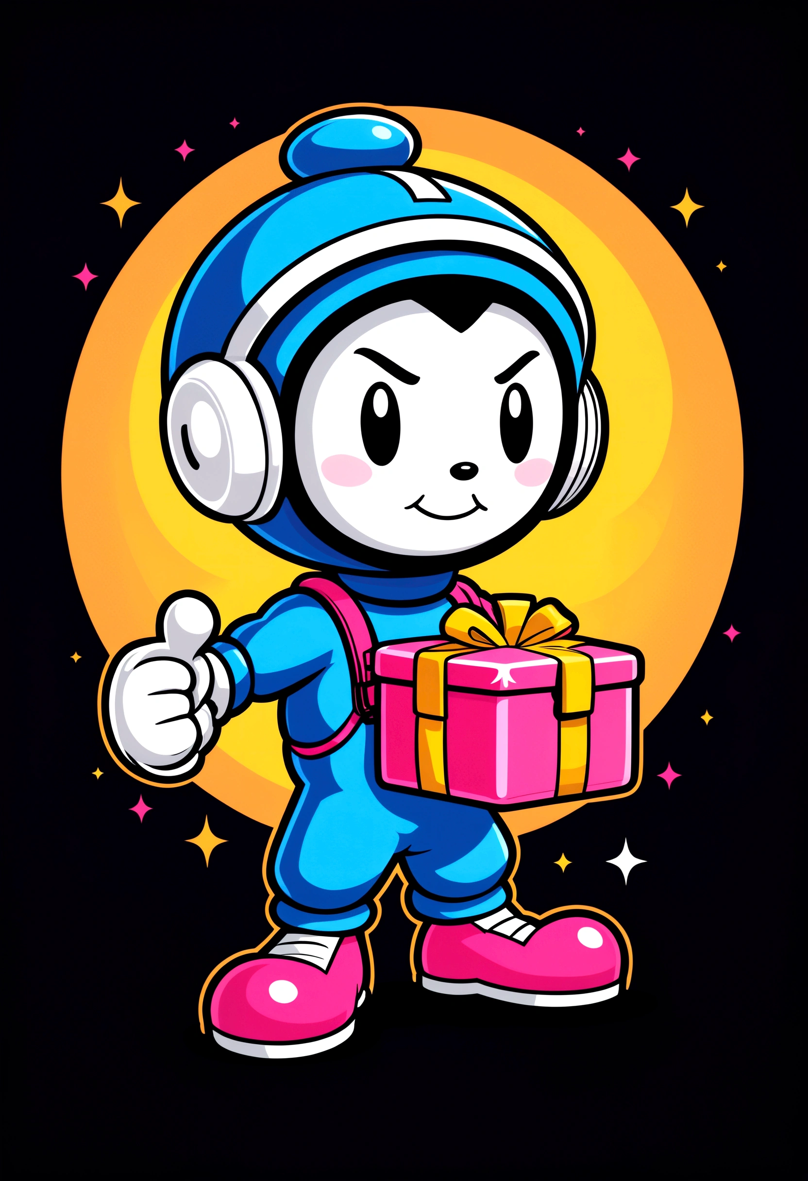 Create a cute and charming logo featuring a flirty male bomb character inspired by the 80's Bomberman game and the style of Cuphead. The design should be in black and white only, with no background. The character should appear to be running, holding a small box with a lit fuse. Ensure the bomb character has an expressive and playful look, capturing the vintage cartoon aesthetic of the inspirations.