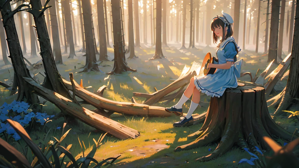 master piece, ultra detailed, hyper realistic, (Girl sitting on a stump playing guitar:1.4), Alice in wonderland dress, blue dress with white apron, peter pan collar, puff sleeves, knee-length skirt, white stockings, black Mary jane shoes, An infectious smile that makes everyone around feel happy, flower field, a forest with sunlight filtering through the trees, creating a spotlight like effect of dappled light, detailed lighting, intricate shadows, warm tones, highly detailed, photorealistic, A Dutch angle shot, tilted to one side for a dynamic and dramatic effect,