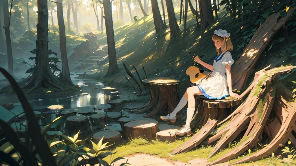 master piece, ultra detailed, hyper realistic, (Girl sitting on a stump playing guitar:1.4), Alice in wonderland dress, blue dress with white apron, peter pan collar, puff sleeves, knee-length skirt, white stockings, black Mary jane shoes, An infectious smile that makes everyone around feel happy, flower field, a forest with sunlight filtering through the trees, creating a spotlight like effect of dappled light, detailed lighting, intricate shadows, warm tones, highly detailed, photorealistic, A Dutch angle shot, tilted to one side for a dynamic and dramatic effect,