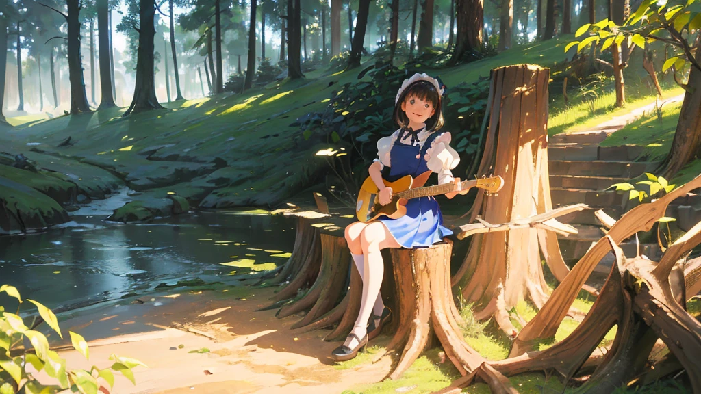 master piece, ultra detailed, hyper realistic, (Girl sitting on a stump playing guitar:1.4), Alice in wonderland dress, blue dress with white apron, peter pan collar, puff sleeves, knee-length skirt, white stockings, black Mary jane shoes, An infectious smile that makes everyone around feel happy, flower field, a forest with sunlight filtering through the trees, creating a spotlight like effect of dappled light, detailed lighting, intricate shadows, warm tones, highly detailed, photorealistic, A Dutch angle shot, tilted to one side for a dynamic and dramatic effect, 