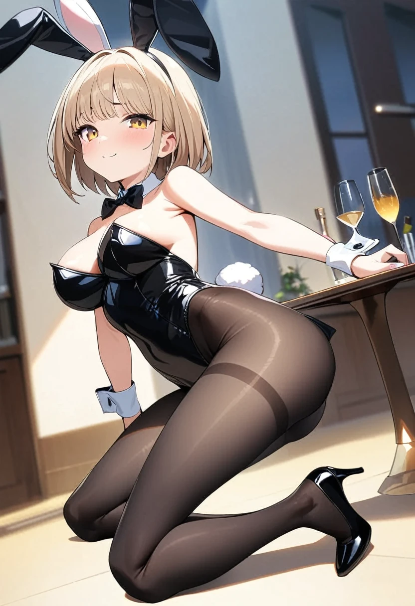 1 girl, (solo:1.2), tall girl, beige hair,short beige hair, straight short hair, gold eyes, (Full Breasts), (thigh), High Height, masterpiece, high resolution, shiny, (full body), beautiful, A cute smile that makes the viewer happy, highly detailed beautiful face and eyes, looking at viewer, (bunny girl,playboy bunny,rabbit ears, black rabbit ears, fake rabbit ears,black leotard,pantyhose, black pantyhose,bowtie, wrist cuffs:1.2),