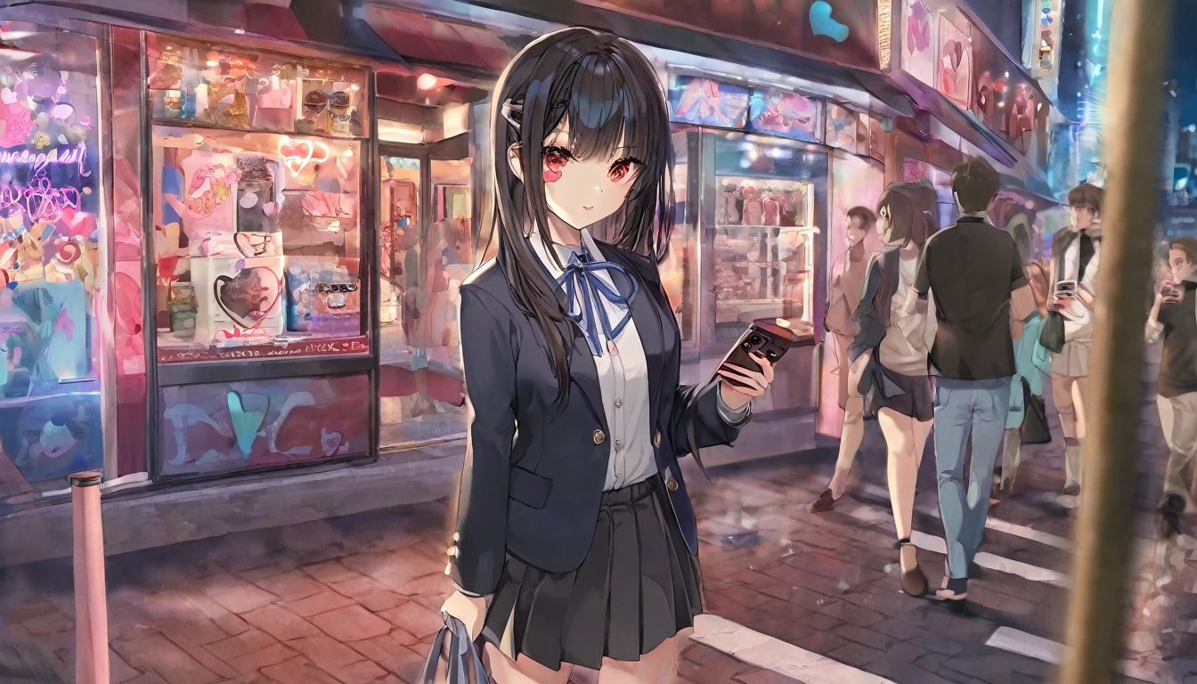 A young girl with long black hair and red eyes stands in a bustling city street at night. She is wearing a with a blue ribbon and a dark blazer, holding a smartphone with a heart sticker on it. The background is filled with neon signs and advertisements, creating a vibrant and lively atmosphere. The girl appears focused on her phone, with a hint of reflection from the screen on her face.