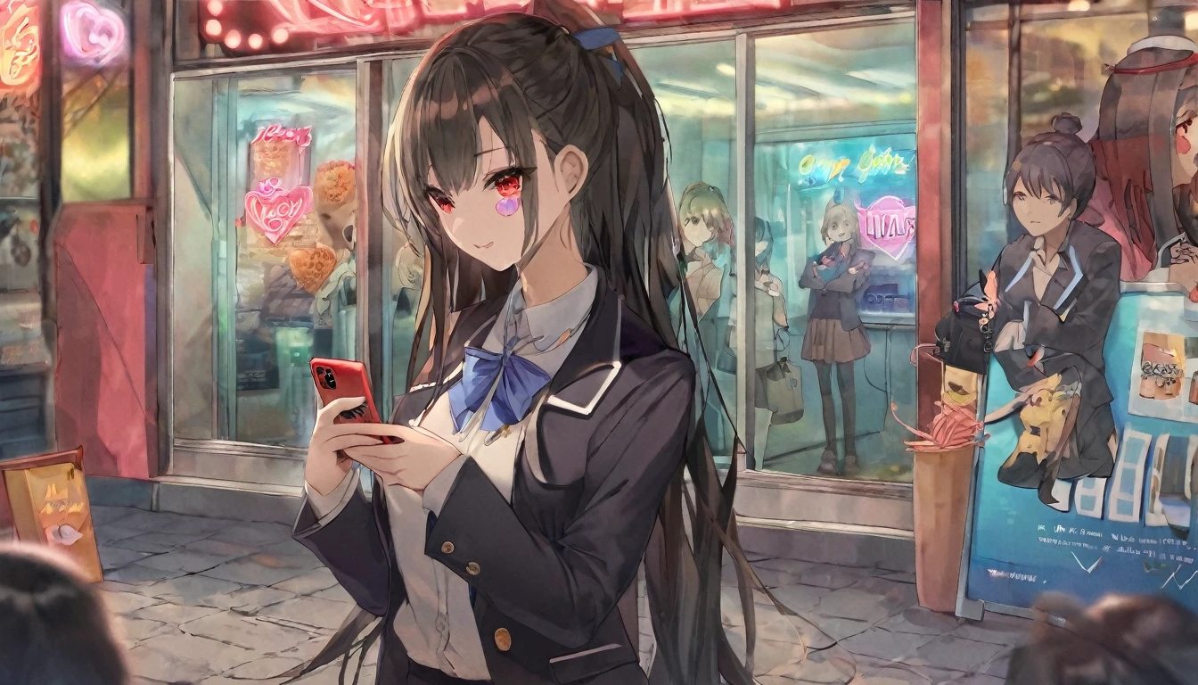 A young girl with long black hair and red eyes stands in a bustling city street at night. She is wearing a  with a blue ribbon and a dark blazer, holding a smartphone with a heart sticker on it. The background is filled with neon signs and advertisements, creating a vibrant and lively atmosphere. The girl appears focused on her phone, with a hint of reflection from the screen on her face.