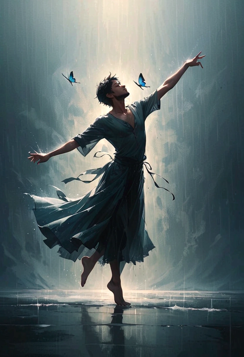 Soul Dancer Mark,A homeless man dancing alone in the rain，soul，Barefoot，Loose and worn clothes，Professional ballet movements，Fingertips 1 butterfly，Very contagious，Splash，Light and Shadow，Minimalism，artistic conception，Clean background