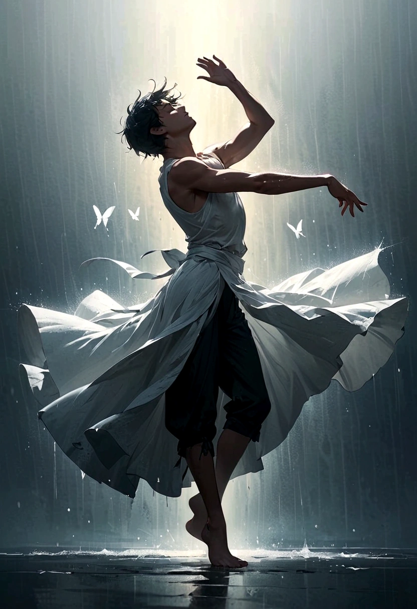 Soul Dancer Mark,A homeless man dancing alone in the rain，soul，Barefoot，Loose and worn clothes，Professional ballet movements，Fingertips 1 butterfly，Very contagious，Splash，Light and Shadow，Minimalism，artistic conception，Clean background