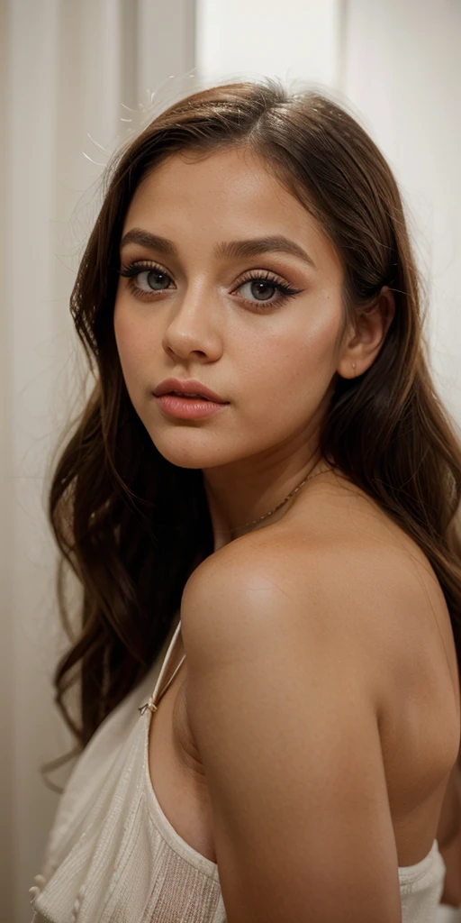 A young beautiful girl, full lips, small neat nose, big eyes, makeup , big butt