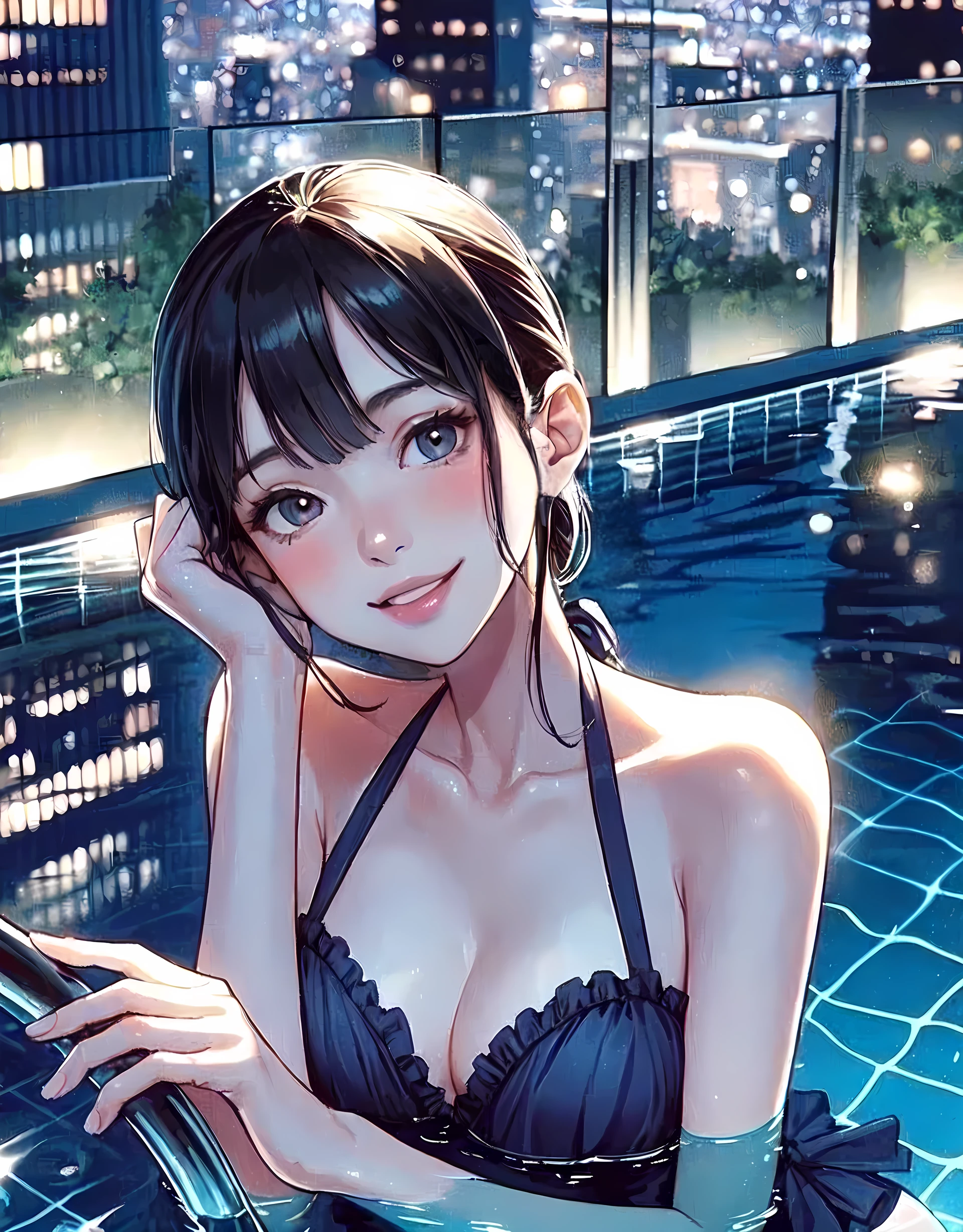 1lady solo, standing in pool, (fashionable swimsuit) stylish, (mature female:0.8), /(black hair/) bangs, blush kind smile, (teeth:0.8), (masterpiece best quality:1.2) delicate illustration ultra-detailed, large breasts, (upper body above water surface) BREAK ((water surface) reflecting soft glow), riffle ripple BREAK (moody night pool) outdoors, (pool on the rooftop of high-rise building), night, cityscape, detailed background