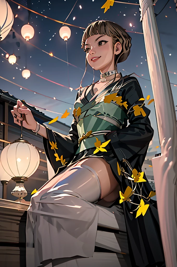 Tanabata Festival Night、Young woman wearing yukata、I was walking down a busy street in the city。Her yukata is brightly colored and has a beautiful floral pattern.、The obi swaying in the summer night breeze is impressive.。The lanterns light the room.、She is smiling and talking to her friend、Enjoying delicious snacks at a food stall。I can hear the sound of drums from afar、The sound of the bamboo decorations swaying in the wind was a pleasant echo.。Under the stars、Her figure is as radiant as a dream。
(masterpiece, best quality), 1girl, manaka him, short hair, braided hair, brown hair, violet eyes, || black seraph, green necktie, black skirt, black thighhighs,