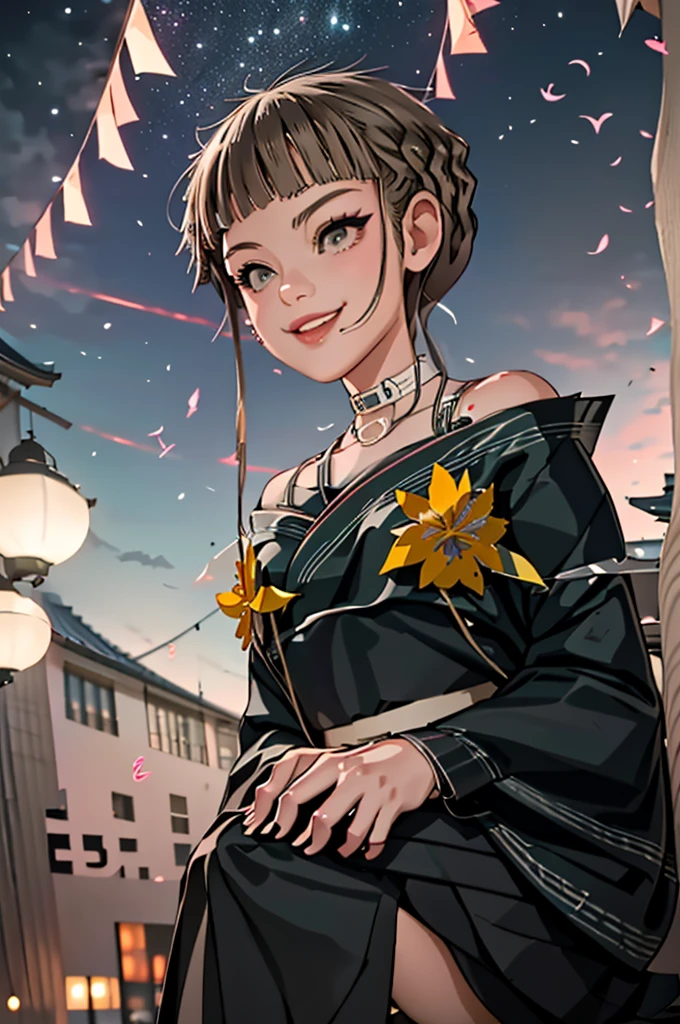 Tanabata Festival Night、Young woman wearing yukata、I was walking down a busy street in the city。Her yukata is brightly colored and has a beautiful floral pattern.、The obi swaying in the summer night breeze is impressive.。The lanterns light the room.、She is smiling and talking to her friend、Enjoying delicious snacks at a food stall。I can hear the sound of drums from afar、The sound of the bamboo decorations swaying in the wind was a pleasant echo.。Under the stars、Her figure is as radiant as a dream。
(masterpiece, best quality), 1girl,  manaka him, short hair, braided hair, brown hair, violet eyes, || black seraph, green necktie, black skirt, black thighhighs,
