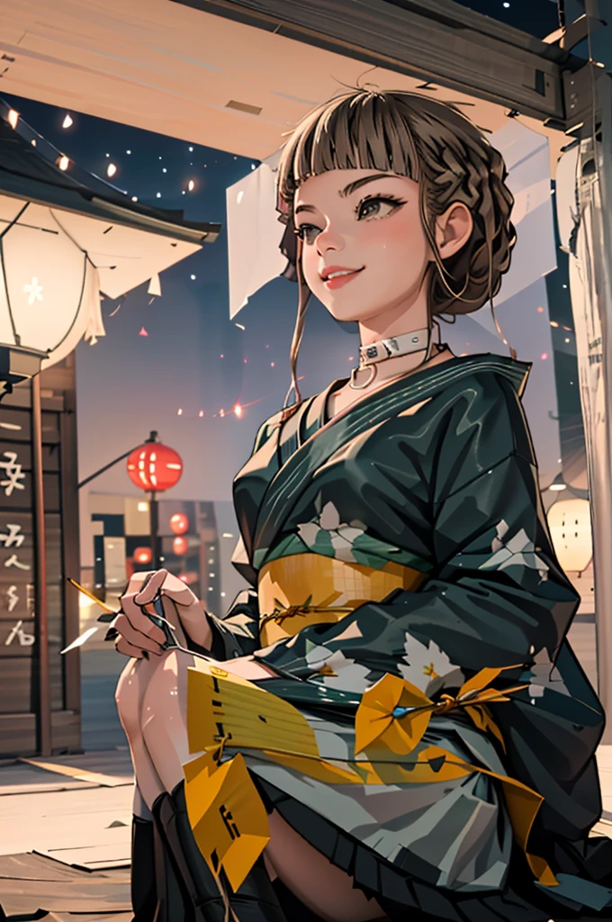Tanabata Festival Night、Young woman wearing yukata、I was walking down a busy street in the city。Her yukata is brightly colored and has a beautiful floral pattern.、The obi swaying in the summer night breeze is impressive.。The lanterns light the room.、She is smiling and talking to her friend、Enjoying delicious snacks at a food stall。I can hear the sound of drums from afar、The sound of the bamboo decorations swaying in the wind was a pleasant echo.。Under the stars、Her figure is as radiant as a dream。
(masterpiece, best quality), 1girl, manaka him, short hair, braided hair, brown hair, violet eyes, || black seraph, green necktie, black skirt, black thighhighs,