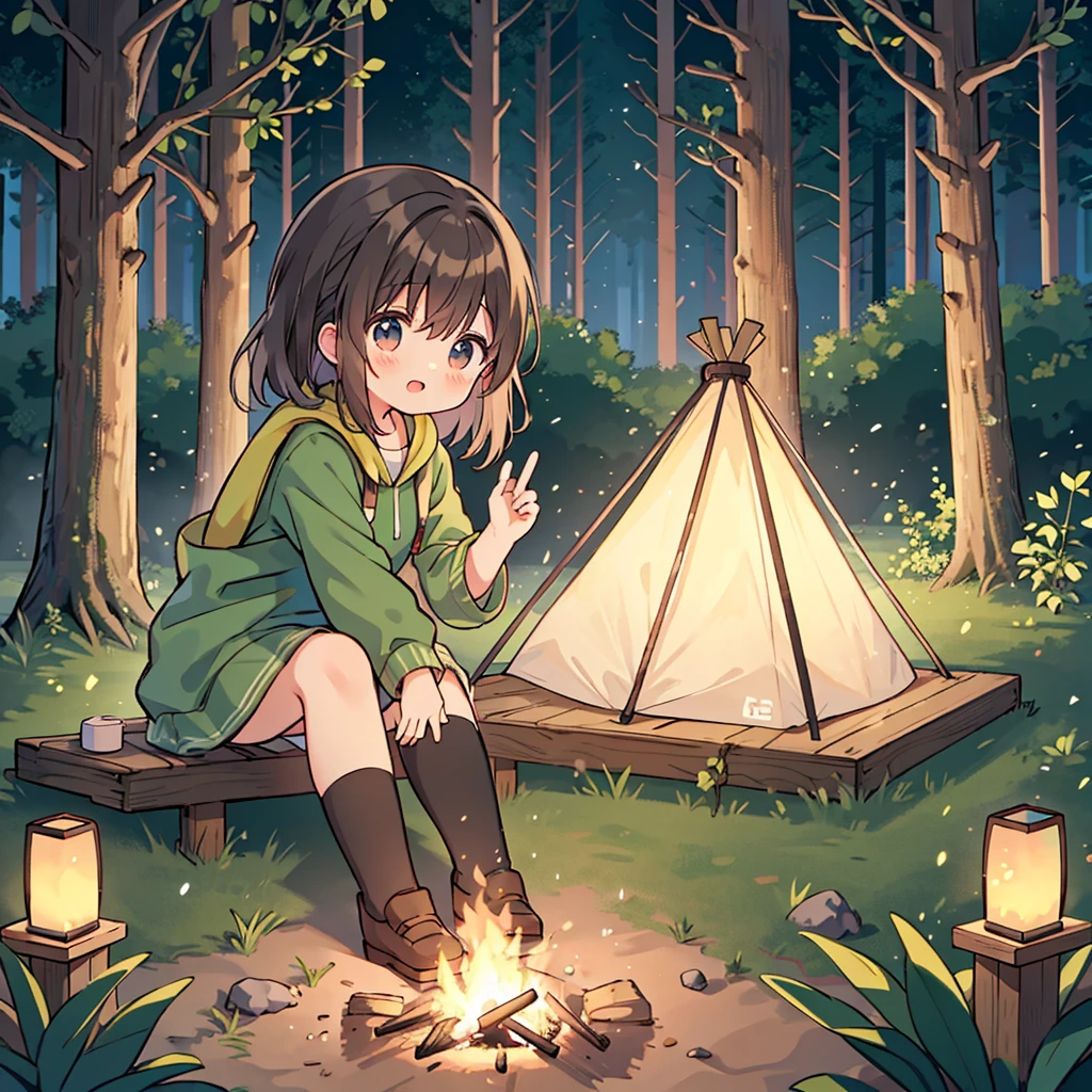 forest, forest, shima rin, kagamihara nadeshiko campsite camping night camping bonfire flickering flame lantern、Lantern light camping girls solo camping、⛺
