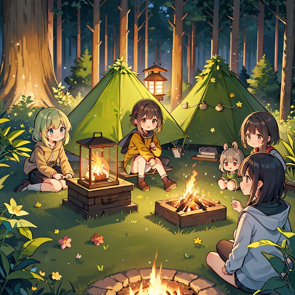forest, forest, shima rin, kagamihara nadeshiko campsite camping night camping bonfire flickering flame lantern、Lantern light camping girls solo camping、⛺
