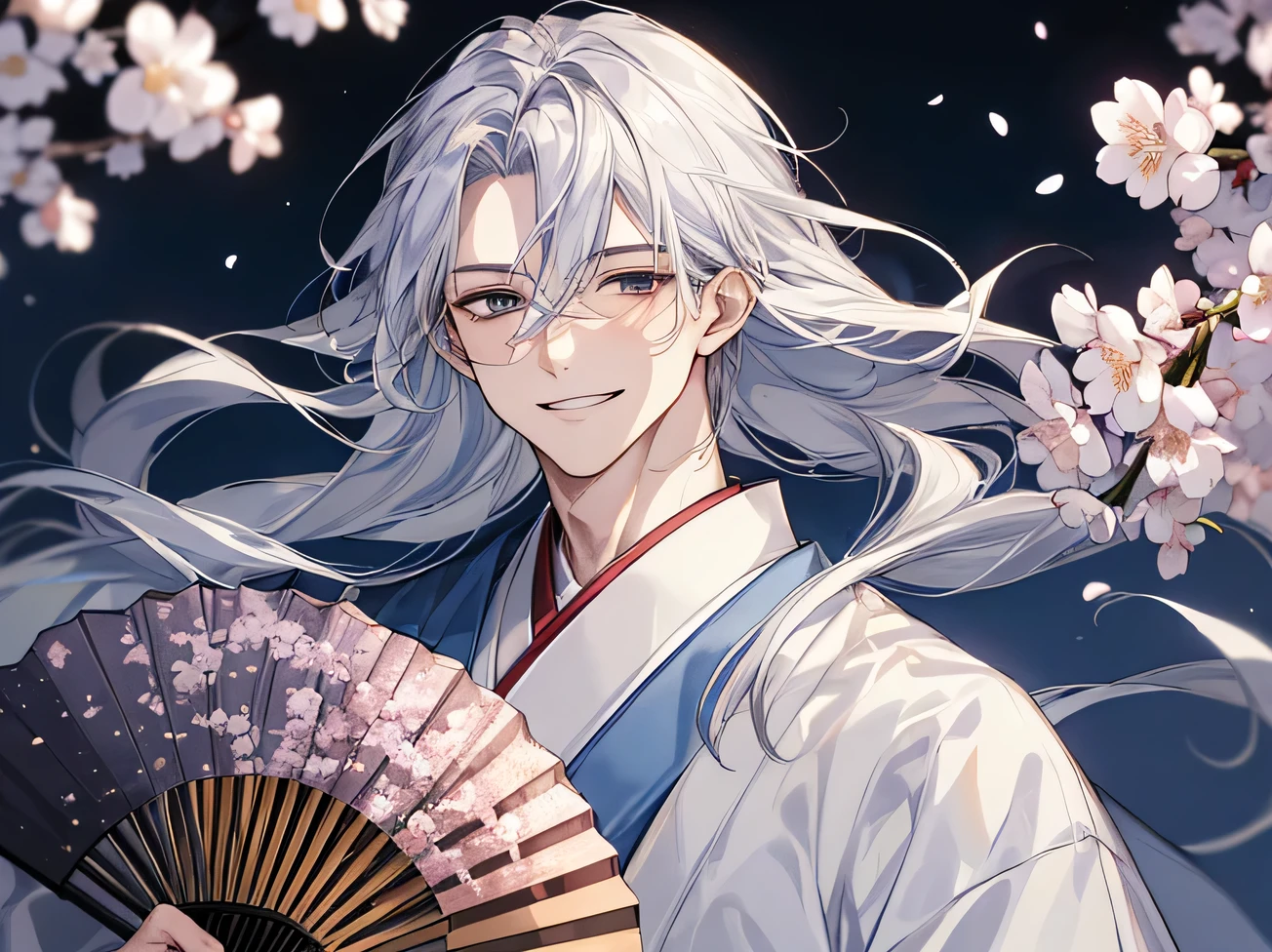male,masterpiece,Face Focus,Face close-up,Dynamic Angle,Smile a little,Upper Body, ((masterpiece: 1.4, Highest quality)), One Man, Silver Hair,Long Hair,Japan Priesthood, white and light blue hakama: 1.3),Holding a folding fan, Fantastic night cherry blossoms