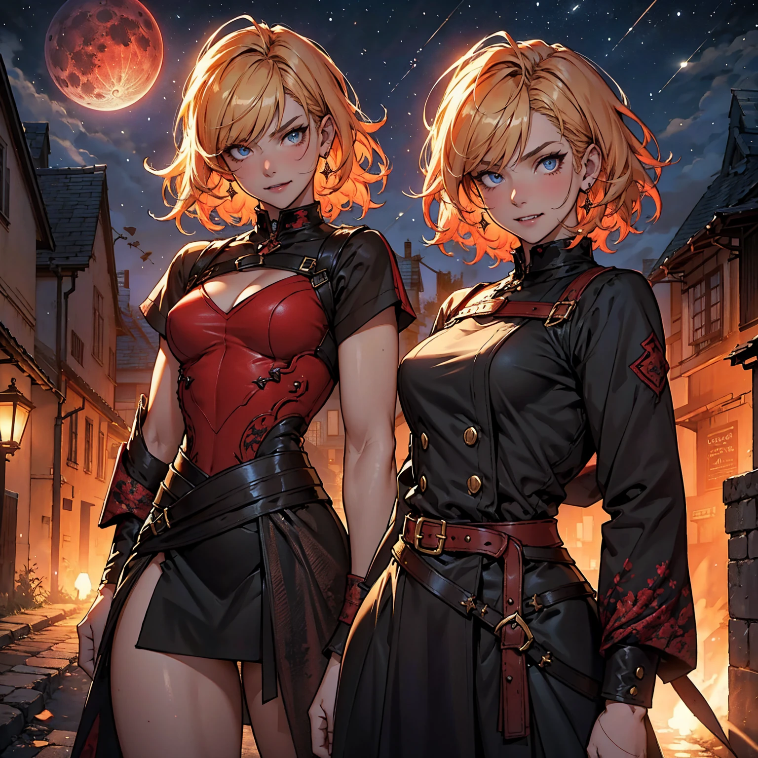 1girl, (solo), short curly hair, golden hair, small breasts, light blue eyes, small size, fair skin, perverted face, red cheeks, fangs, naked, full body, standing, (night), blood moon, medieval town, town behind (very sexy body, detailed face, masterpiece, highly detailed, 8k, best quality, vibrant colors, digital art, concept art)