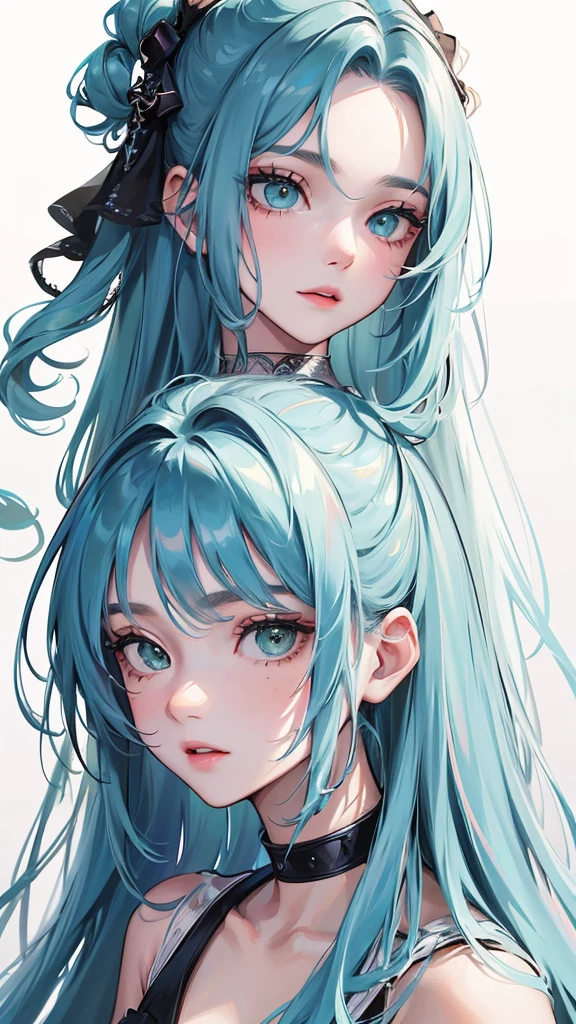(Top resolution、Distinct_image)top-quality、femele、​masterpiece、highly detailed、Semi-realistic、greeneyes、18year old、young、Exquisite facial features、Facial features、unique hairstyle, variations, potrait, white background , long hairstyles, wear students styles.