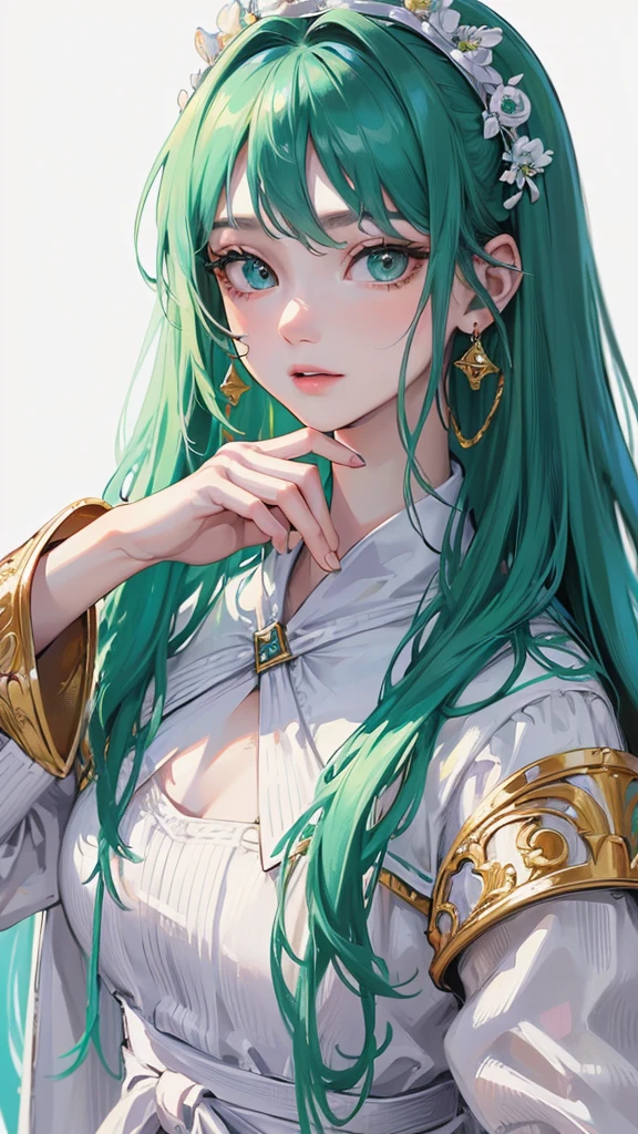 (Top resolution、Distinct_image)top-quality、femele、​masterpiece、highly detailed、Semi-realistic、greeneyes、18year old、young、Exquisite facial features、Facial features、unique hairstyle, variations, potrait, white background , long hairstyles, wear students styles.