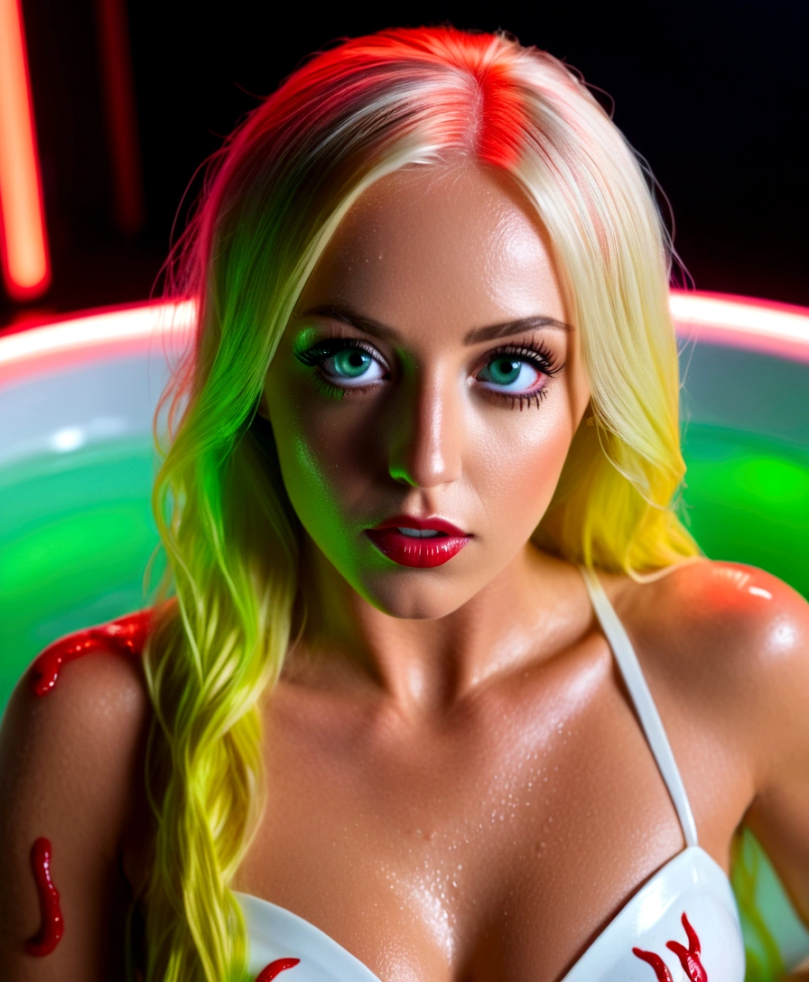 (Scene reminiscent of giving a dog a bath) (Subject 1:A stunning WWE superstar Summer Rae, onboard a bio organic UFO, Rae is naked (nude), the room is lit with a dull green glow, red lights blink, sensor tendrils wiggle all over Summer Rae spraying her with a disinfectant foam, the aliens are having the tentacles wash everywhere on Summer Rae to kill microbes (best quality,4k,8k,highres,masterpiece:1.2),ultra-detailed,(realistic,photorealistic,photo-realistic:1.37),beautiful detailed eyes,beautiful detailed lips,extremely detailed eyes and face,longeyelashes,gorgeous woman, slightly confused, entranced expression, decontamination bath head to toe, dynamic pose,dramatic shadows,vibrant colors,cinematic composition) (show her entire body, show her from head to toe, show all of her)
