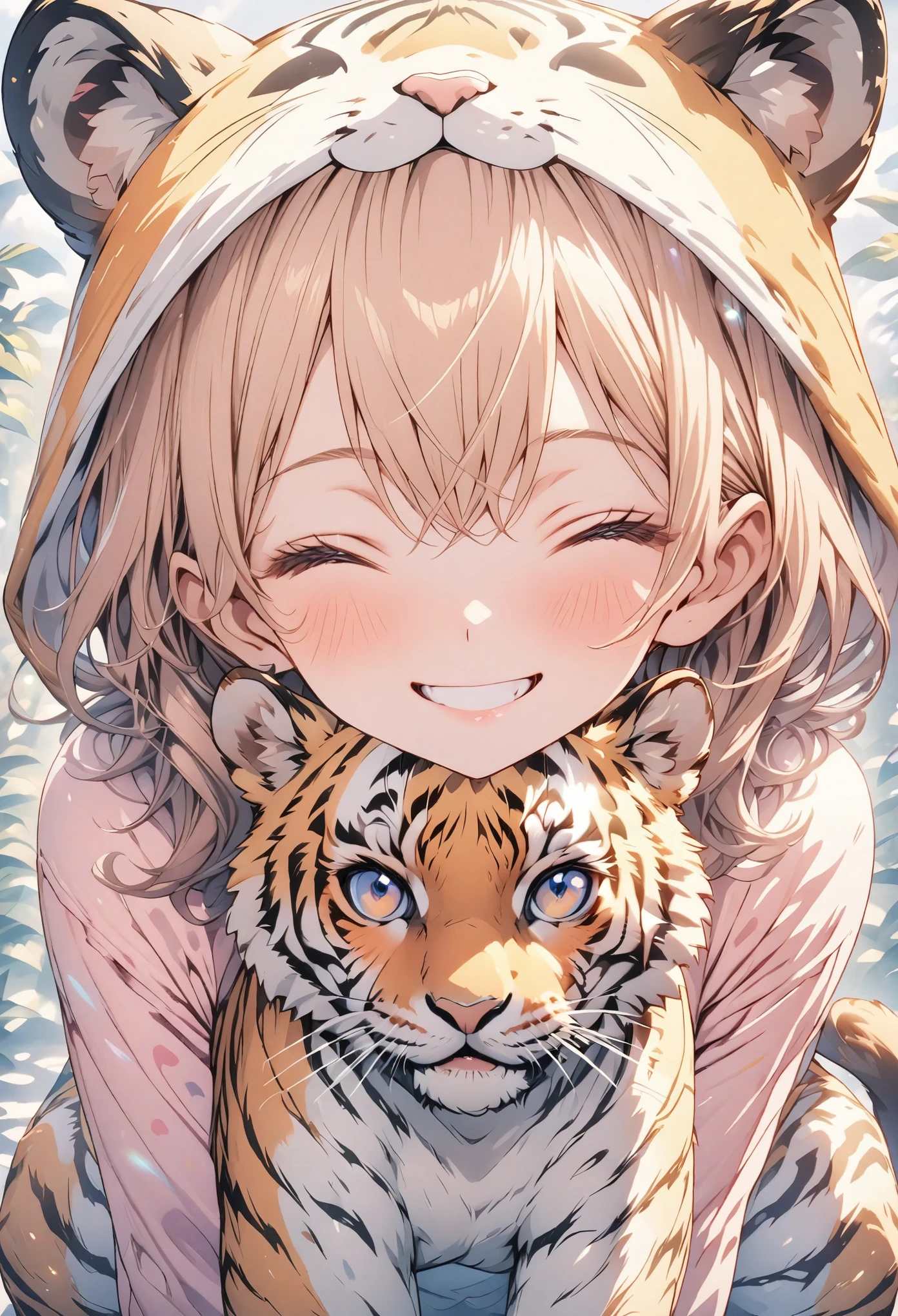 masterpiece, best quality, extremely detailed CG unity 8k wallpaper, Anime illustration of a  wearing a tiger costume. I have a small stuffed tiger. Her eyes are closed and her mouth is open, smiling. The background is a pastel colored tiger pattern.