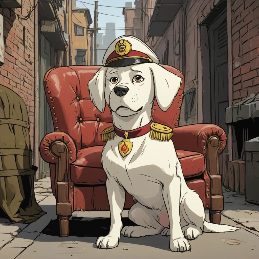  cartoon illustration of a medium-sized white dog, with long downturned ears and a short tail sitting on an old armchair in the background of an alley soviet Army uniform,fur Soviet hat, 