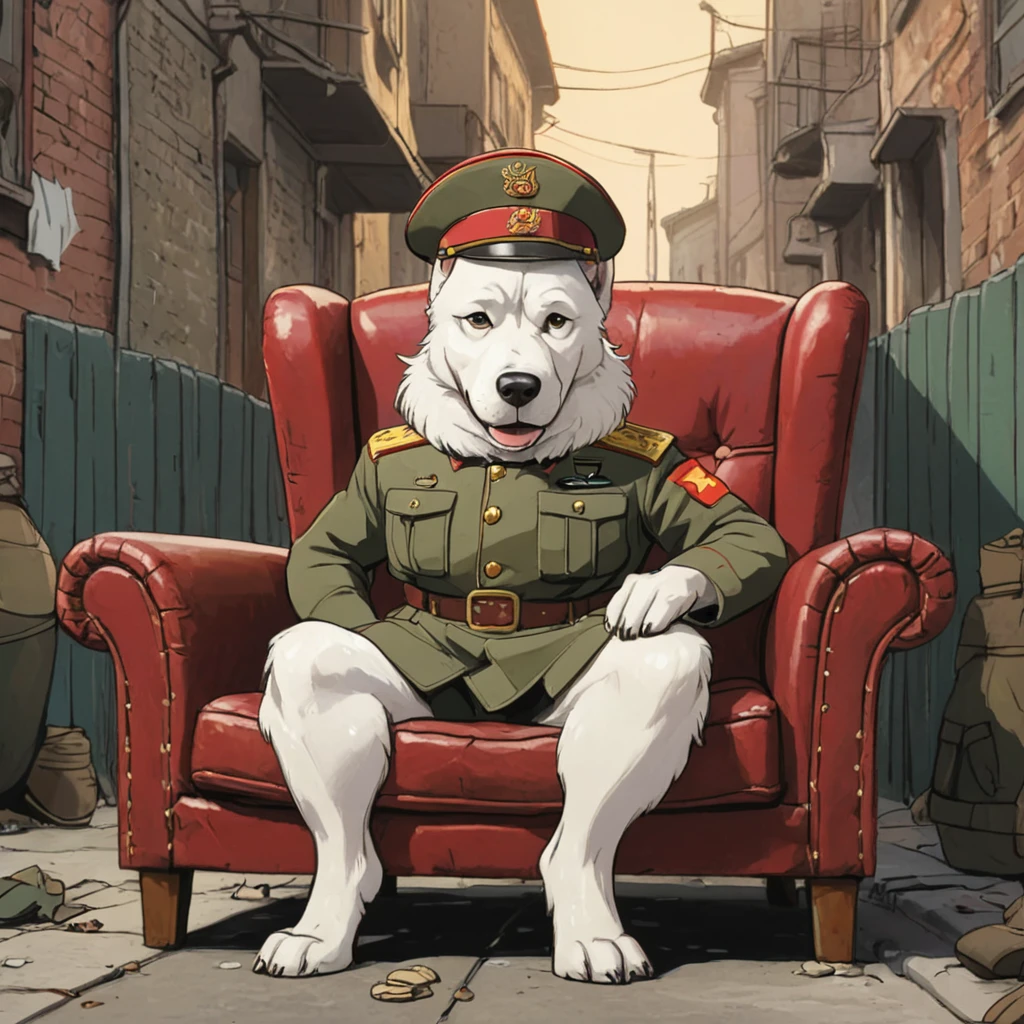 cartoon illustration of a medium-sized white dog, with long downturned ears and a short tail sitting on an old armchair in the background of an alley soviet Army uniform,fur Soviet hat,