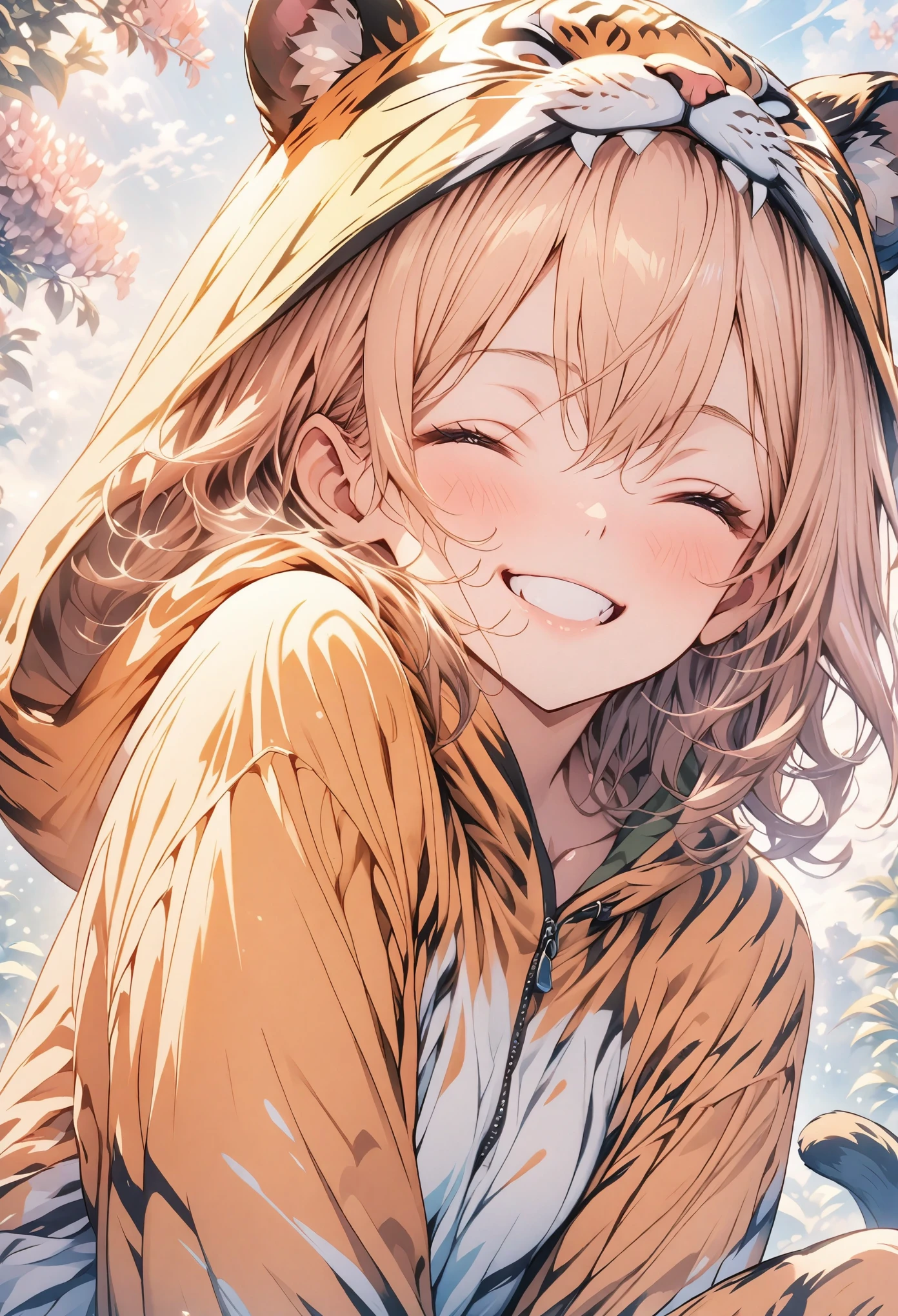 masterpiece, best quality, extremely detailed CG unity 8k wallpaper, Anime illustration of a  wearing a tiger costume. I have a small stuffed tiger. Her eyes are closed and her mouth is open, smiling. The background is a pastel colored tiger pattern.