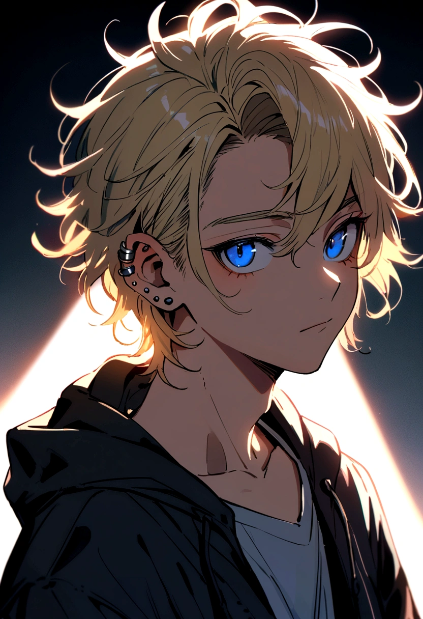 A handsome teenager boy with messy blond hair and a shaved side, blue eyes, piercings in his ears 