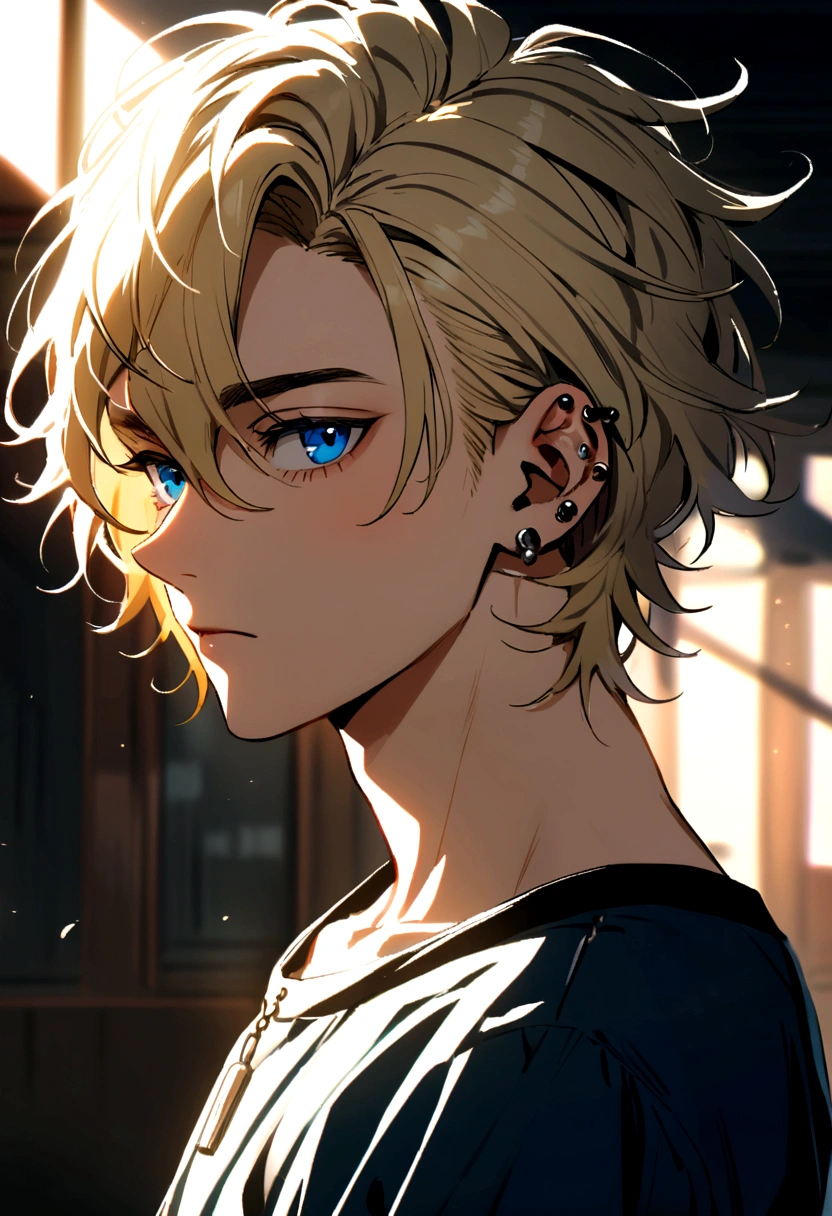 A handsome teenager boy with messy blond hair and a shaved side, blue eyes, piercings in his ears