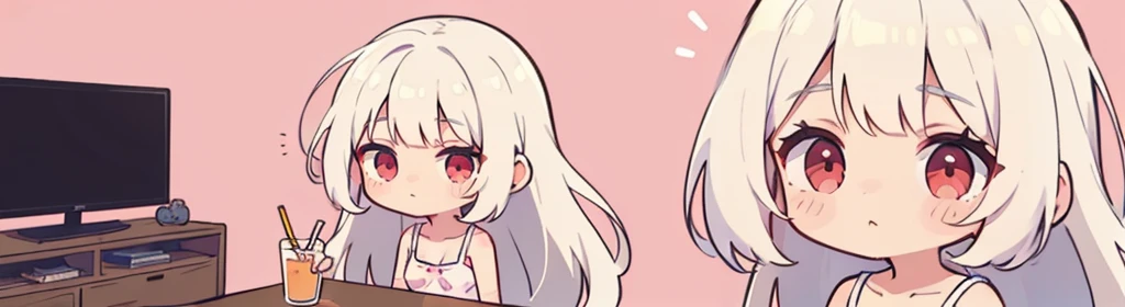 ((((1girl:1.5)))), white hair, red eyes, long hair, (collarbone:1.4), (animation style), (2d, chibi, cute, cute, small , big eyes), skin color white, think about something, background/(in the room ,modern pink girl&#39;s room, bed, Soft mood lighting), ((a single rose))