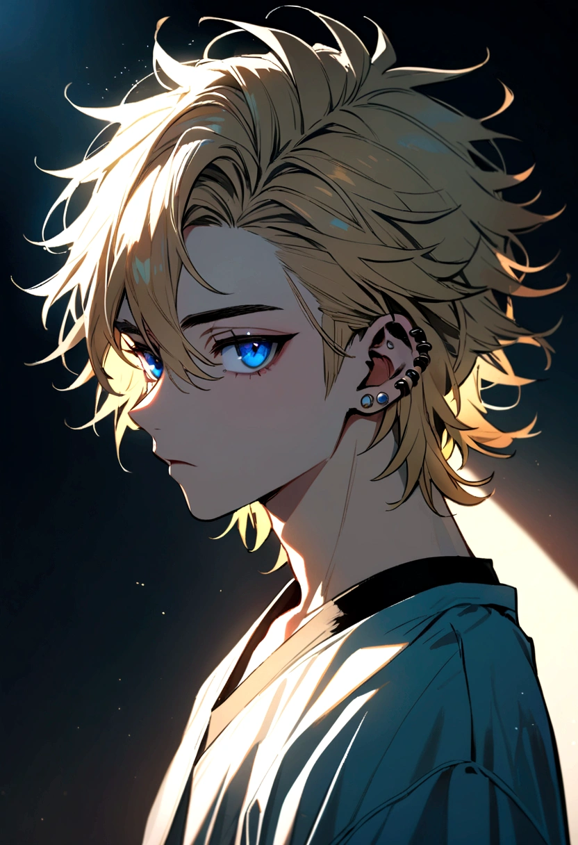 A handsome teenager boy with messy blond hair and a shaved side, blue eyes, piercings in his ears