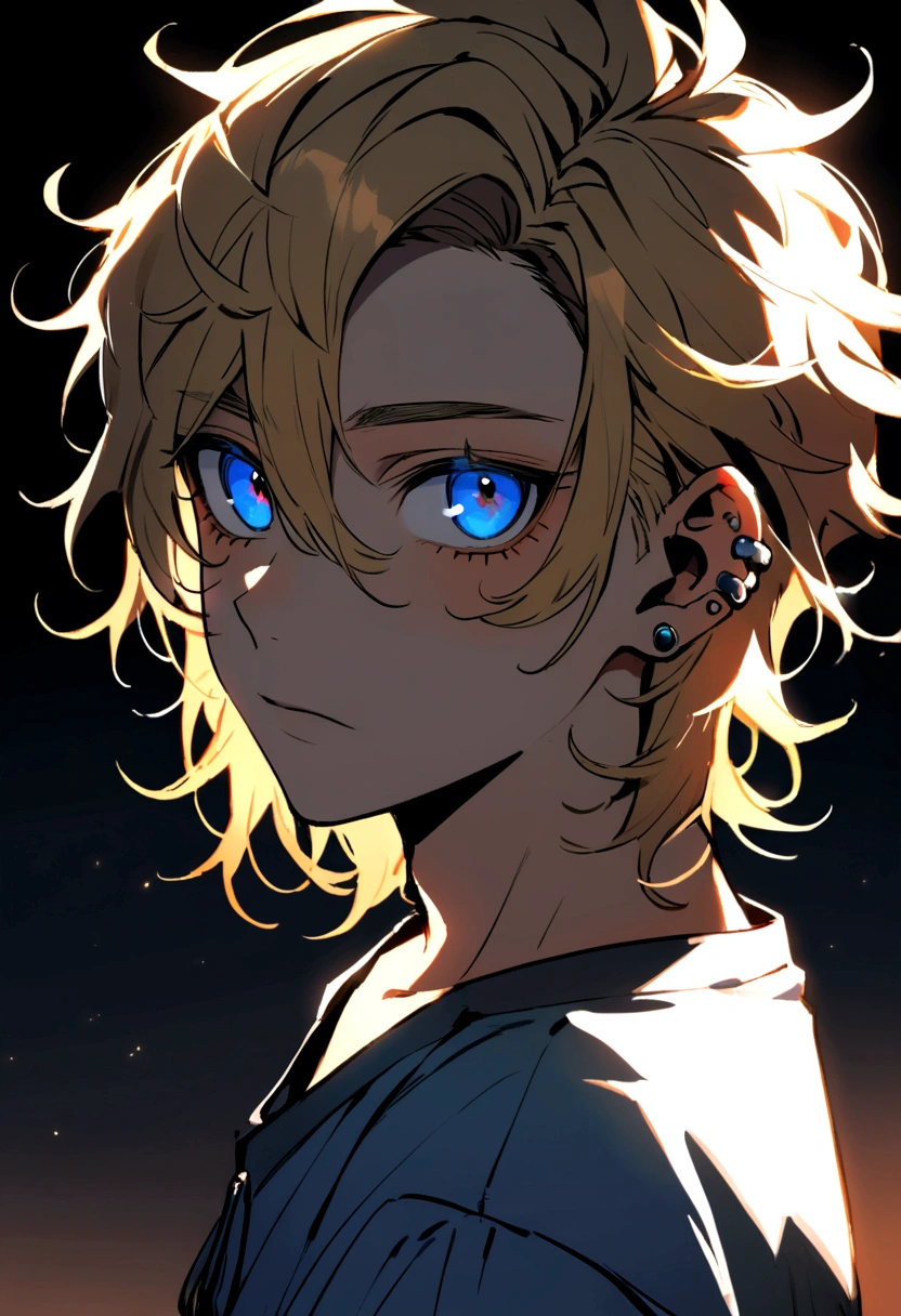 A handsome ager boy with messy blond hair and a shaved side, blue eyes, piercings in his ears