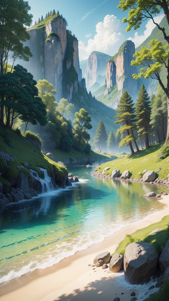 (best quality, 4k, highres, masterpiece:1.2),vibrant summer landscape, scenic nature beauty, filled with lush greenery and colorful flowers,sunlight meadows, gentle breeze rustling through the trees, crystal clear river flowing peacefully,azure sky with fluffy clouds, distant mountains towering in the horizon, breathtaking view in every direction, tranquil and serene atmosphere, photorealistic rendering that captures every detail, immersive colors and textures,hdr lighting that accentuates the natural beauty of the scene