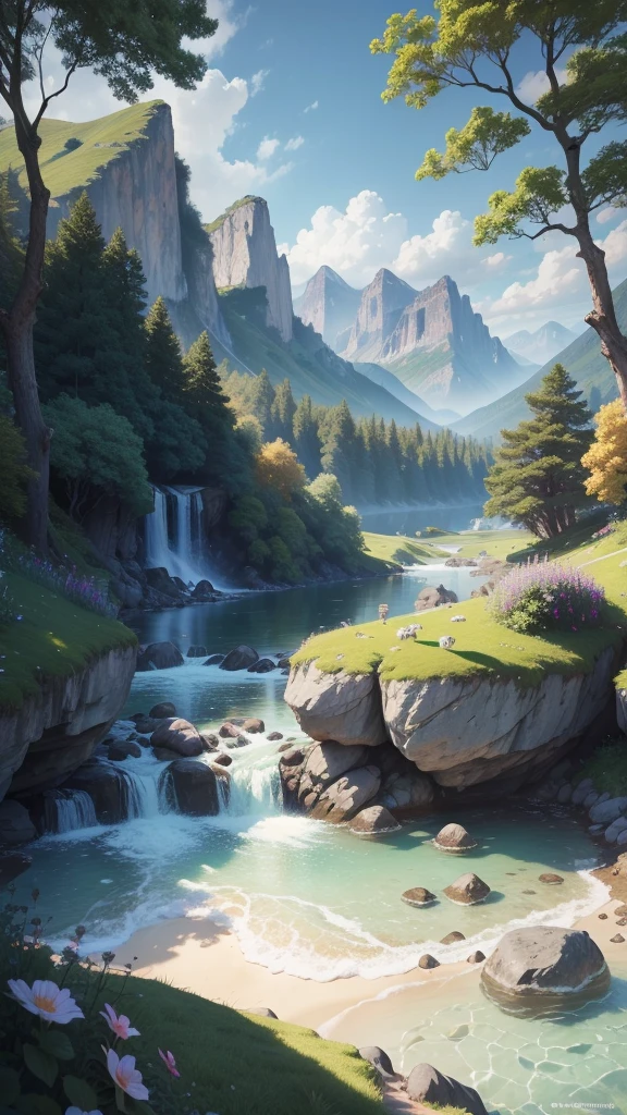 (best quality, 4k, highres, masterpiece:1.2),vibrant summer landscape, scenic nature beauty, filled with lush greenery and colorful flowers,sunlight meadows, gentle breeze rustling through the trees, crystal clear river flowing peacefully,azure sky with fluffy clouds, distant mountains towering in the horizon, breathtaking view in every direction, tranquil and serene atmosphere, photorealistic rendering that captures every detail, immersive colors and textures,hdr lighting that accentuates the natural beauty of the scene