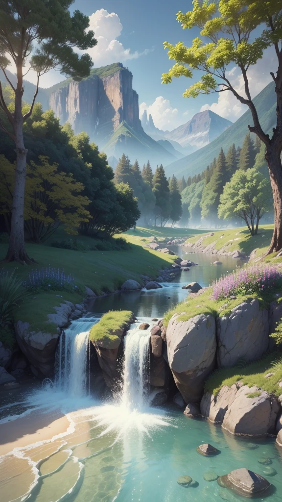 (best quality, 4k, highres, masterpiece:1.2),vibrant summer landscape, scenic nature beauty, filled with lush greenery and colorful flowers,sunlight meadows, gentle breeze rustling through the trees, crystal clear river flowing peacefully,azure sky with fluffy clouds, distant mountains towering in the horizon, breathtaking view in every direction, tranquil and serene atmosphere, photorealistic rendering that captures every detail, immersive colors and textures,hdr lighting that accentuates the natural beauty of the scene