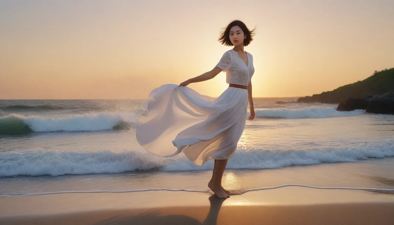 8k realistic, lifelike photo, Realistic appearance of nature, , Woman standing on the beach at sunset. Viewed from a distance with a wide-angle lens , Front view of Asian woman wearing white light skirt, burning sunset light, 1 woman, Short in stature, Short medium hair slightly blowing in the wind, look at the camera, Soak your feet in the rushing waves