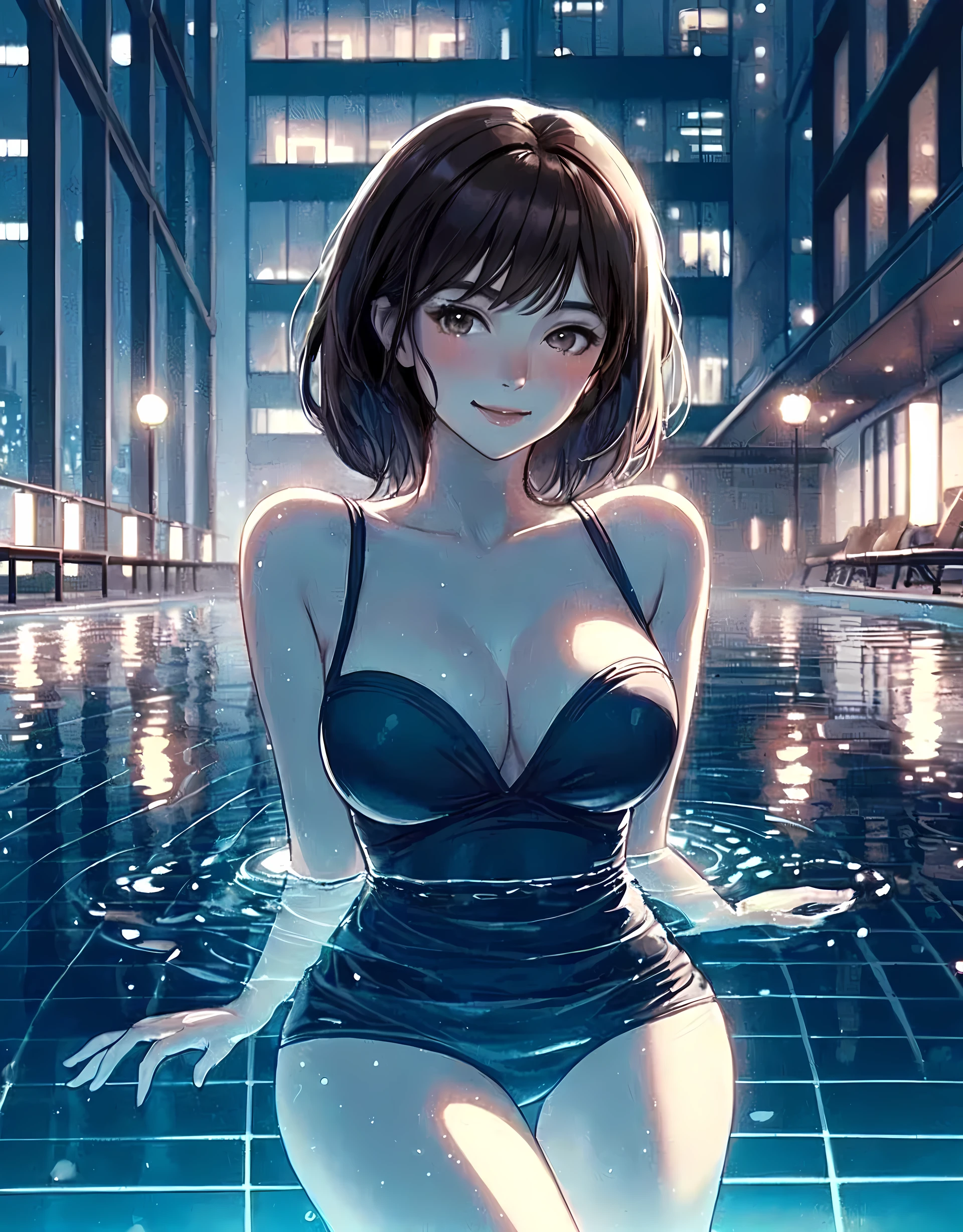1lady solo, standing in pool, (fashionable swimsuit) stylish, (mature female:0.8), /(dark brown hair/) bangs, blush kind smile, (masterpiece best quality:1.2) delicate illustration ultra-detailed, large breasts, (upper body above water surface) BREAK ((water surface) reflecting soft glow), riffle ripple BREAK (moody night pool) outdoors, (pool on the rooftop of high-rise building), night, cityscape, detailed background