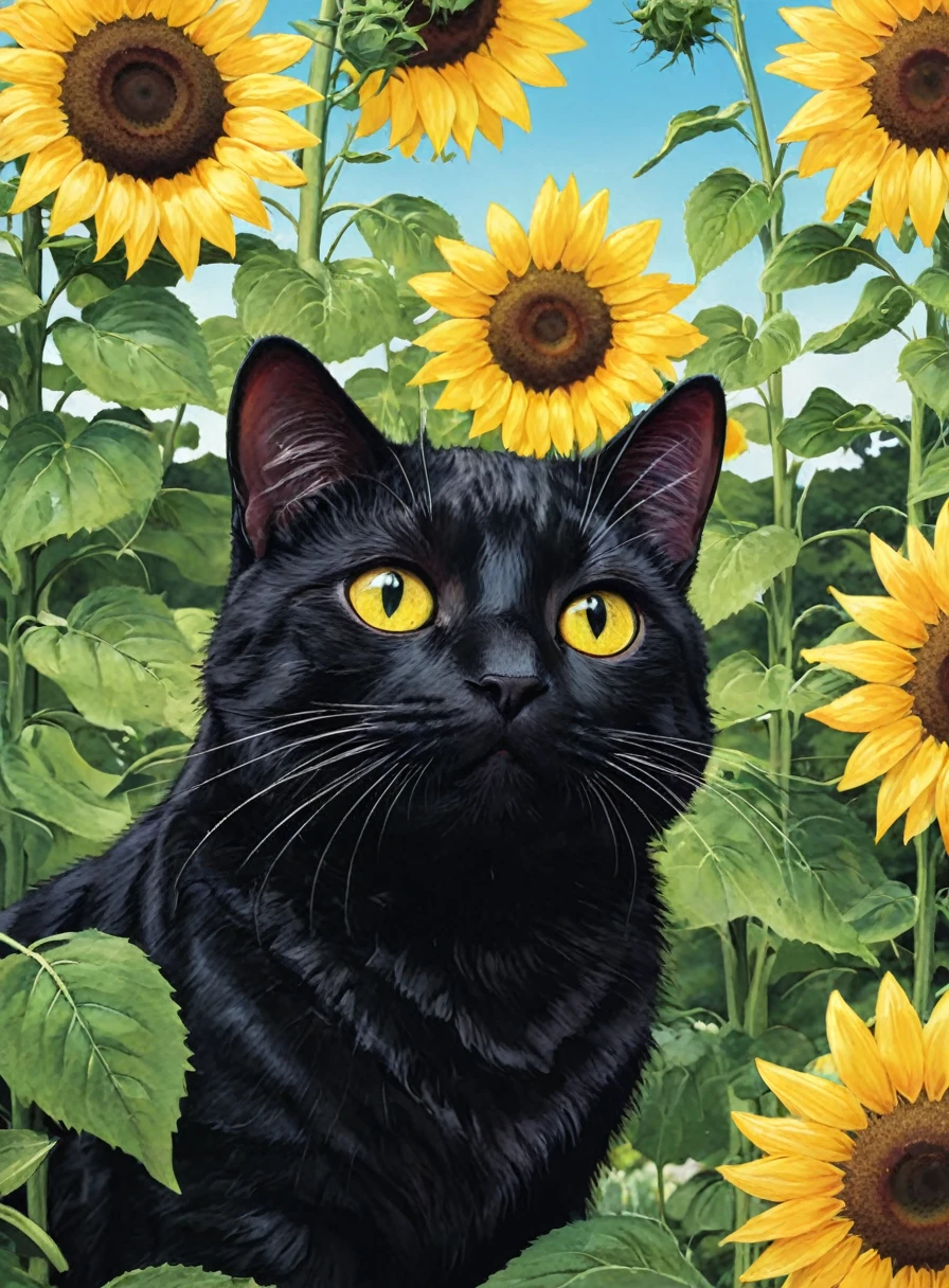 Black cat、An illustration、Refreshing、sunflower