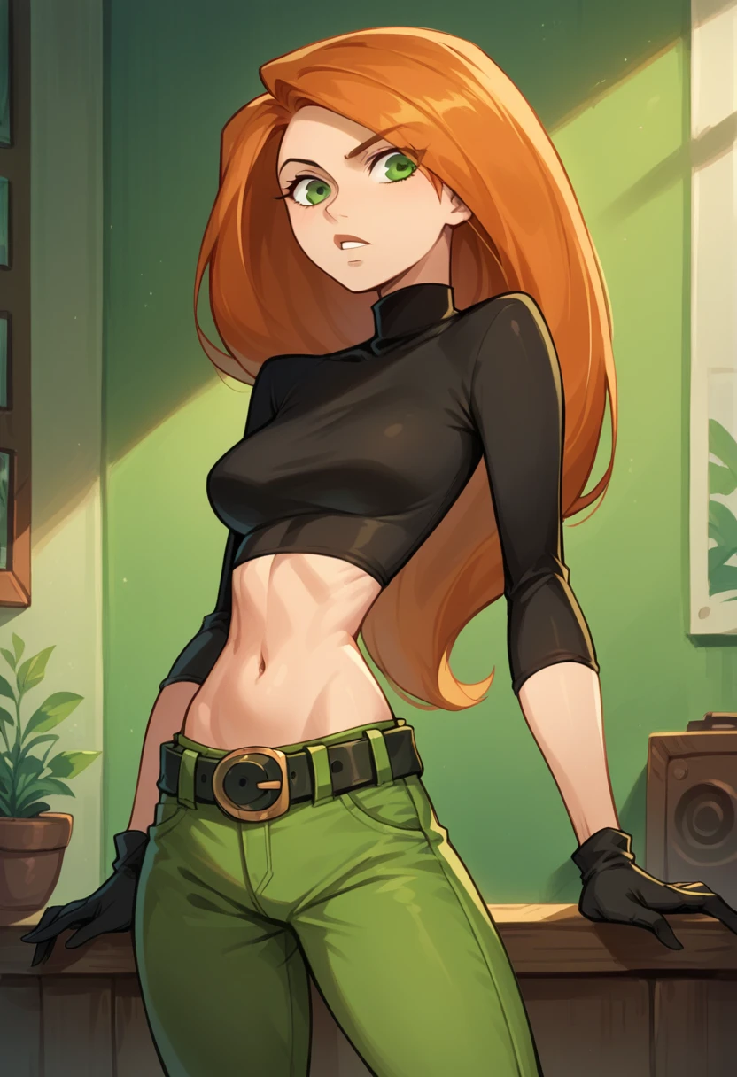 kim_possible,1girl,solo,long hair,black gloves,navel,green eyes,midriff,belt,green pants,orange hair,black crop top,turtleneck,room,room background,cowboy shot