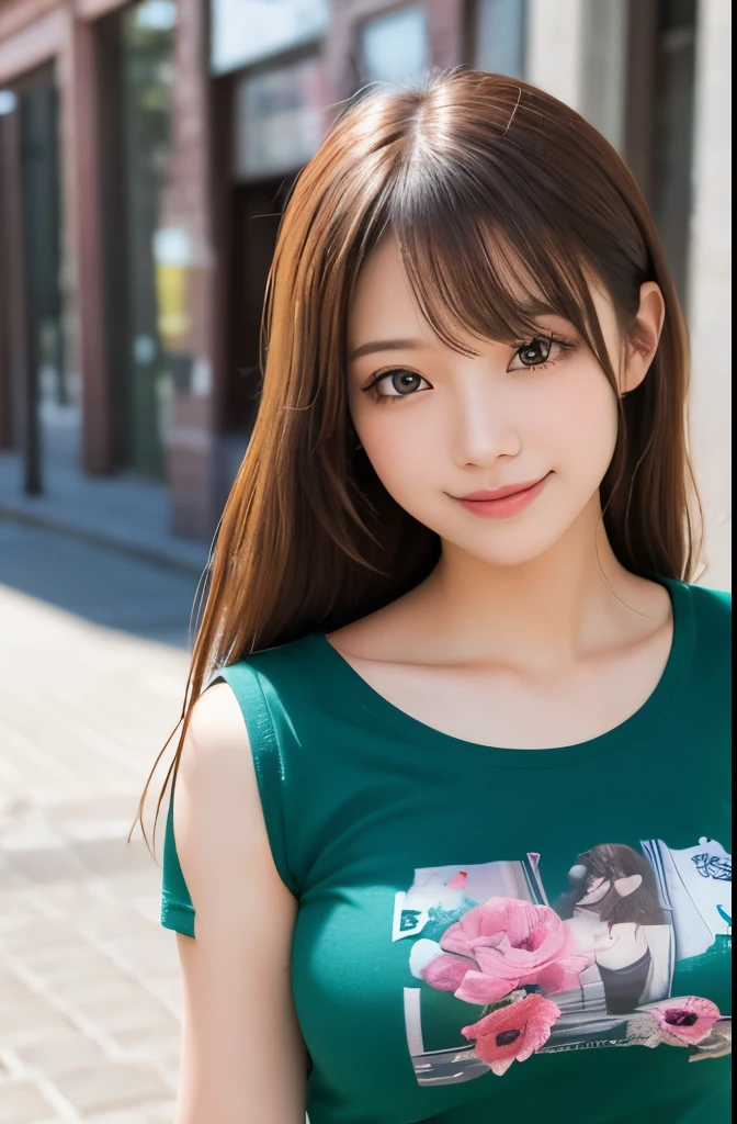 (masterpiece:1.2,Highest quality),Blur the background,One high school girl,((Tshirt)),(Big Breasts),((Sculpture Pose)),((Beautiful and beautiful eyes)),Blushed,Healthy Skin,Observe the audience,(smile),(Date in the downtown area),8K resolution