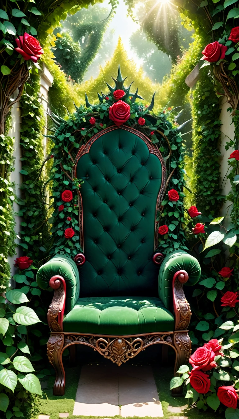 A throne intertwined with thorny vines and blooming roses. The backrest is high and covered in dark green leaves, while the seat is padded with deep red velvet. The armrests are made of twisted branches with sharp thorns. The throne is located in an enchanted garden with overgrown greenery, vibrant flowers, and shafts of sunlight filtering through the dense foliage.