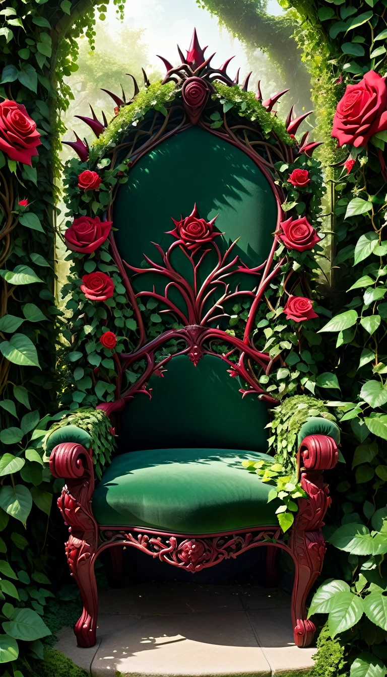 A throne intertwined with thorny vines and blooming roses. The backrest is high and covered in dark green leaves, while the seat is padded with deep red velvet. The armrests are made of twisted branches with sharp thorns. The throne is located in an enchanted garden with overgrown greenery, vibrant flowers, and shafts of sunlight filtering through the dense foliage.