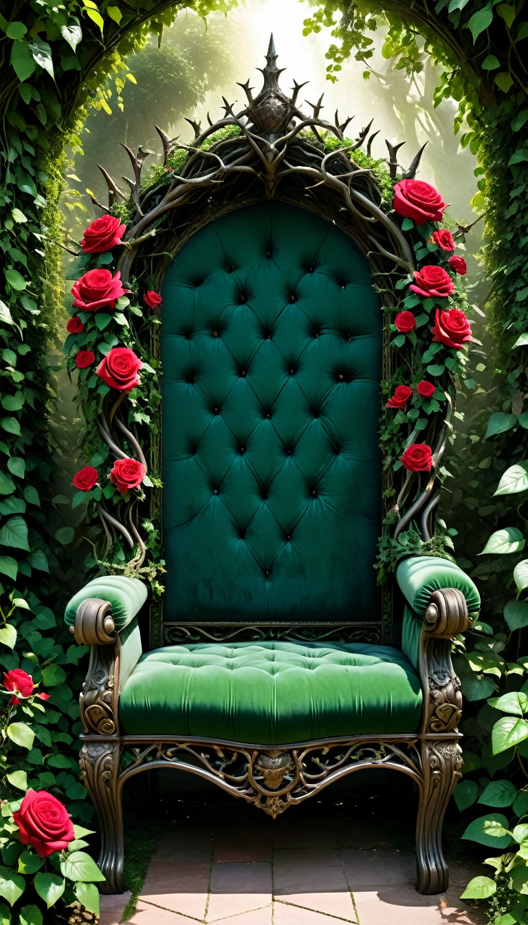 A throne intertwined with thorny vines and blooming roses. The backrest is high and covered in dark green leaves, while the seat is padded with deep red velvet. The armrests are made of twisted branches with sharp thorns. The throne is located in an enchanted garden with overgrown greenery, vibrant flowers, and shafts of sunlight filtering through the dense foliage.