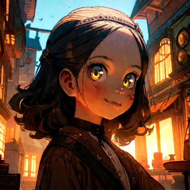 13 year old Colombian girl., Half body view, (in front of the camera), detailed european face, (aspiring facial expression), (((steampunk style closure))), ((steampunk city in the background)), RAW, analog style, ultra detailed photography, cinematic lighting, art station, 4k, sharp focus, high resolution, detailed skin, detailed eyes,