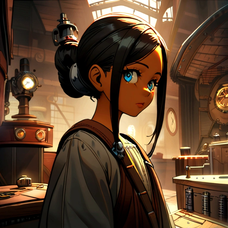 13 year old Colombian girl., Half body view, (in front of the camera), detailed european face, (aspiring facial expression), (((steampunk style closure))), ((steampunk city in the background)), RAW, analog style, ultra detailed photography, cinematic lighting, art station, 4k, sharp focus, high resolution, detailed skin, detailed eyes,