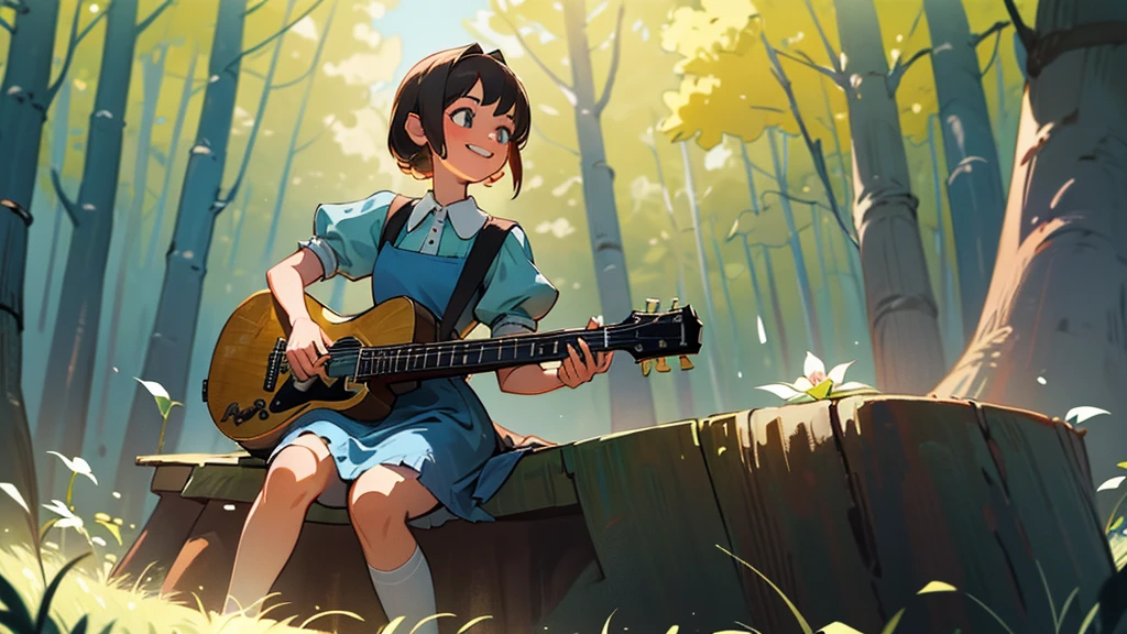 master piece, ultra detailed, hyper realistic, (Girl sitting on a stump playing guitar:1.4), Alice in wonderland dress, blue dress with white apron, peter pan collar, puff sleeves, knee-length skirt, white stockings, black Mary jane shoes, An infectious smile that makes everyone around feel happy, flower field, a forest with sunlight filtering through the trees, creating a spotlight like effect of dappled light, detailed lighting, intricate shadows, warm tones, highly detailed, photorealistic, A Dutch angle shot, tilted to one side for a dynamic and dramatic effect, 