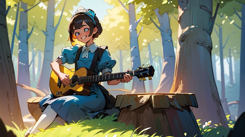 master piece, ultra detailed, hyper realistic, (Girl sitting on a stump playing guitar:1.4), Alice in wonderland dress, blue dress with white apron, peter pan collar, puff sleeves, knee-length skirt, white stockings, black Mary jane shoes, An infectious smile that makes everyone around feel happy, flower field, a forest with sunlight filtering through the trees, creating a spotlight like effect of dappled light, detailed lighting, intricate shadows, warm tones, highly detailed, photorealistic, A Dutch angle shot, tilted to one side for a dynamic and dramatic effect,