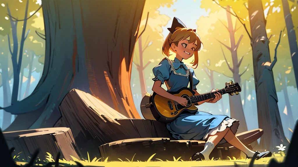 master piece, ultra detailed, hyper realistic, (Girl sitting on a stump playing guitar:1.4), Alice in wonderland dress, blue dress with white apron, peter pan collar, puff sleeves, knee-length skirt, white stockings, black Mary jane shoes, An infectious smile that makes everyone around feel happy, flower field, a forest with sunlight filtering through the trees, creating a spotlight like effect of dappled light, detailed lighting, intricate shadows, warm tones, highly detailed, photorealistic, A Dutch angle shot, tilted to one side for a dynamic and dramatic effect, 