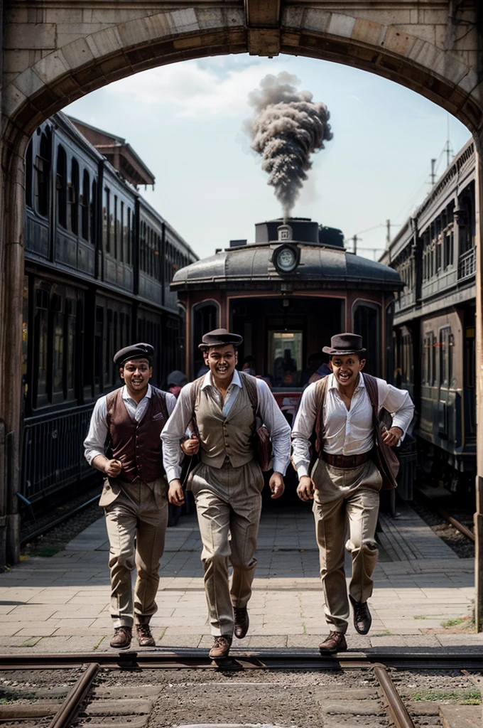 a group of Indian boys running behind a train at a late 18th-century England train station:
Appearance: The boys are dressed in white shirts with sleeves rolled up slightly, wearing suspenders belts and peaky hats. Their faces show excitement and determination as they run.
Setting: The scene is set at a bustling late 18th-century England train station. The train, partially visible and in motion, is on the tracks, with elements such as period-appropriate station buildings, gas lamps, and passengers dressed in historical attire.
Action: The boys are captured mid-run, chasing the moving train through the train station. Their dynamic poses and animated expressions reflect their energy and enthusiasm.
Background: The background includes historical elements of the train station, such as the station platform, period signage, and details like luggage and waiting passengers, all set against the backdrop of Georgian or early Victorian architecture.
